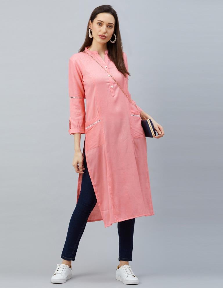 Breezy Light Pink Coloured Laced Cotton Kurti | Sudathi