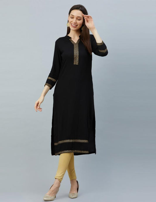 Versatile Black Coloured Laced, Foil Print Rayon Kurti | Sudathi