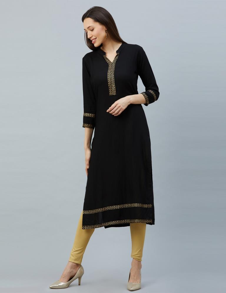 Versatile Black Coloured Laced, Foil Print Rayon Kurti | Sudathi