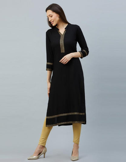 Versatile Black Coloured Laced, Foil Print Rayon Kurti | Sudathi