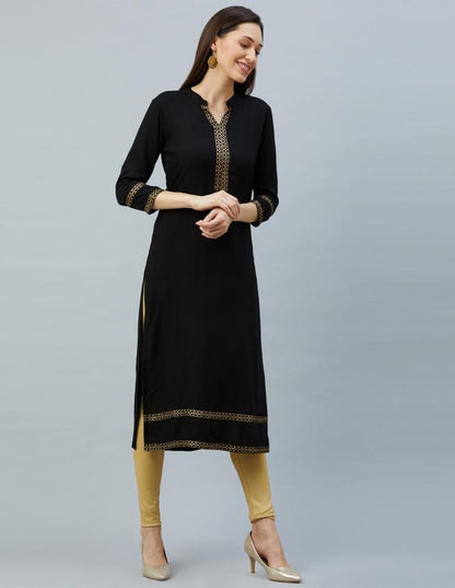 Versatile Black Coloured Laced, Foil Print Rayon Kurti | Sudathi