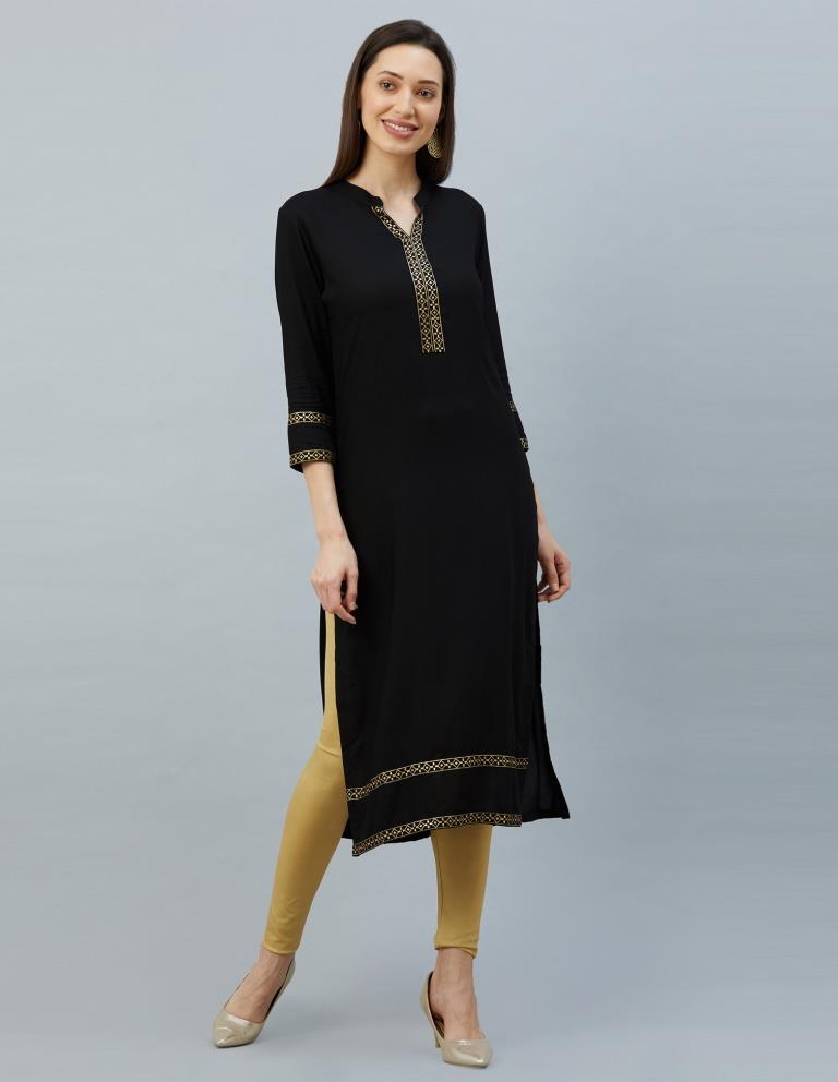 Versatile Black Coloured Laced, Foil Print Rayon Kurti | Sudathi