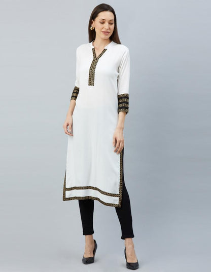 Delightful White Coloured Laced, Foil Print Rayon Kurti | Leemboodi