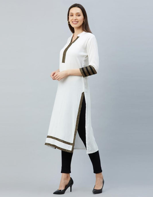 Delightful White Coloured Laced, Foil Print Rayon Kurti | Leemboodi