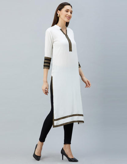 Delightful White Coloured Laced, Foil Print Rayon Kurti | Leemboodi