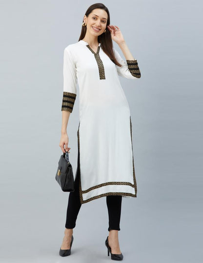 Delightful White Coloured Laced, Foil Print Rayon Kurti | Leemboodi