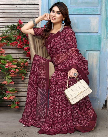 Wine Chiffon Printed Saree