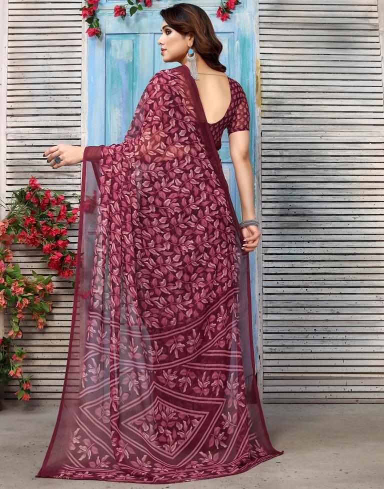 Wine Chiffon Printed Saree