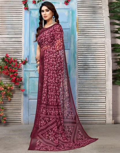 Wine Chiffon Printed Saree