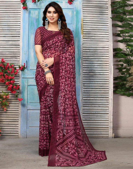 Wine Chiffon Printed Saree