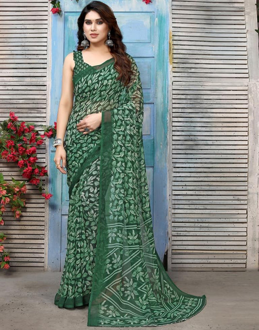 Green Chiffon Printed Saree