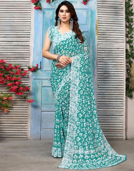 Rama Green Chiffon Printed Saree