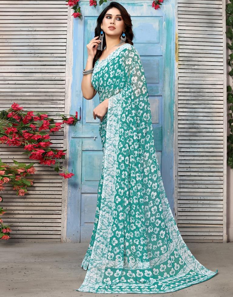 Rama Green Chiffon Printed Saree
