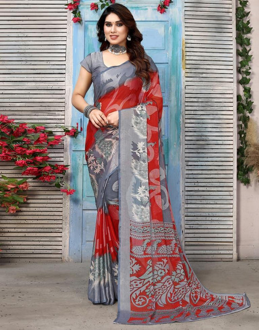 Red Brasso Self Woven Saree