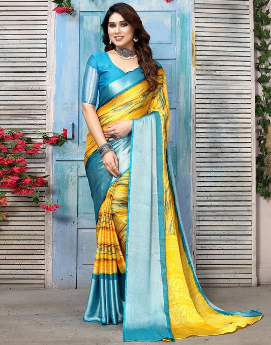 Yellow Chiffon Printed Saree