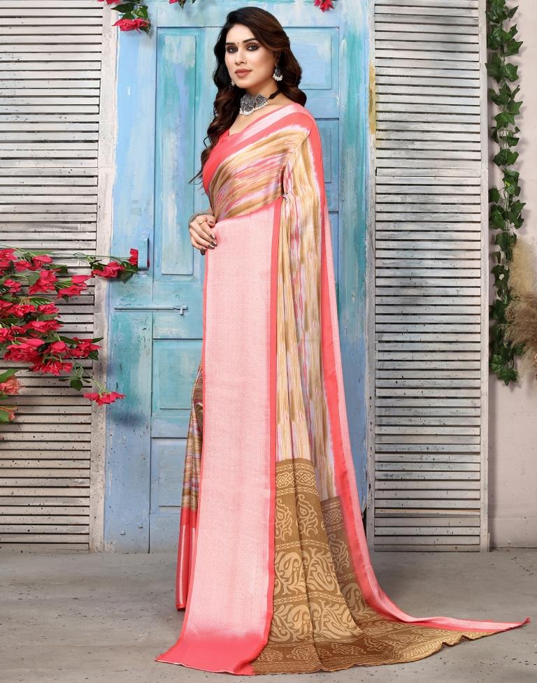 Light Brown Chiffon Printed Saree