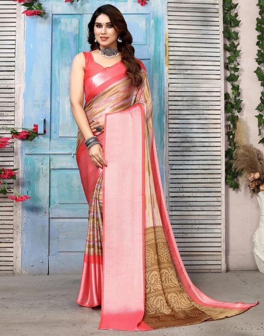 Light Brown Chiffon Printed Saree