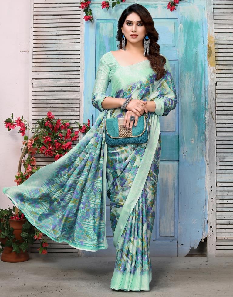 Turquoise Silk Printed Saree