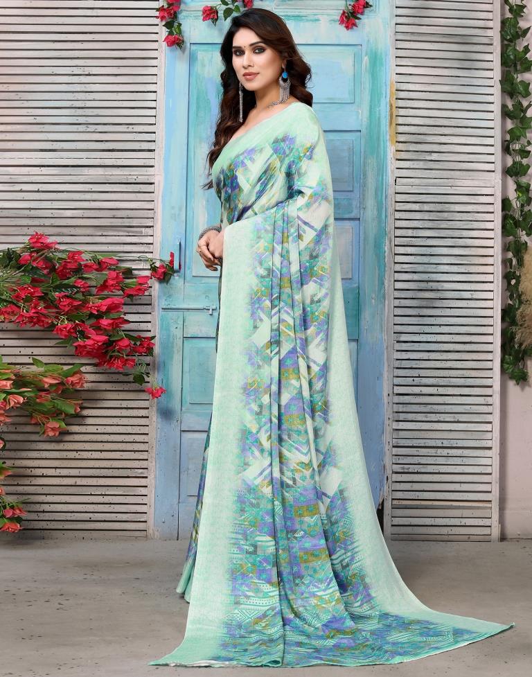 Turquoise Silk Printed Saree