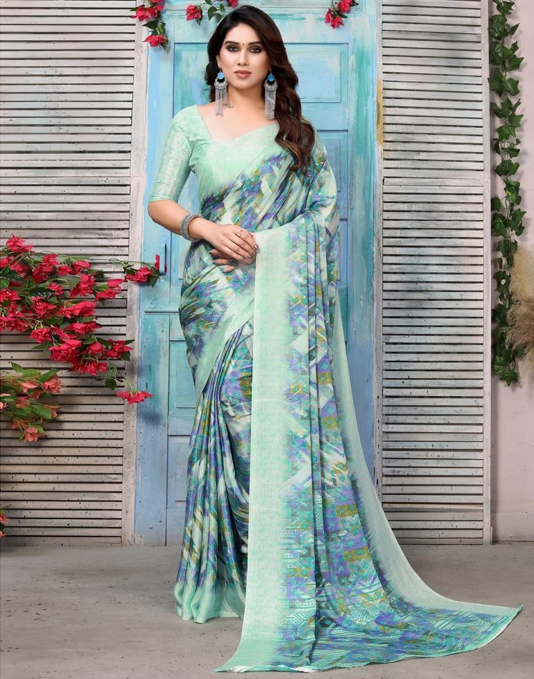 Turquoise Silk Printed Saree