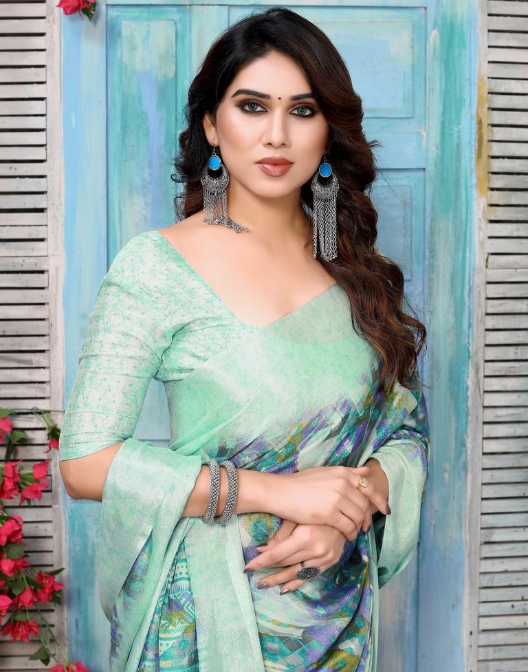 Turquoise Silk Printed Saree