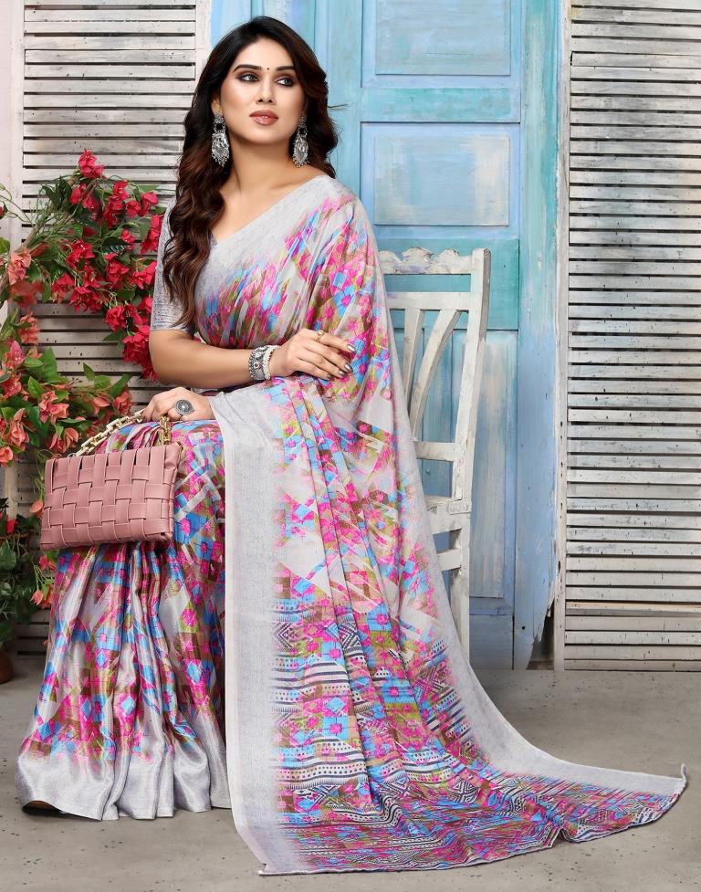 Light Grey Silk Printed Saree