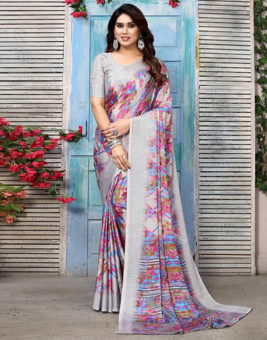 Light Grey Silk Printed Saree