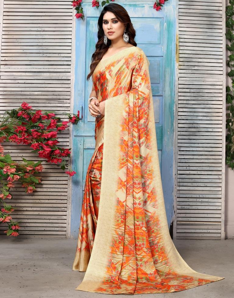 Beige Silk Printed Saree