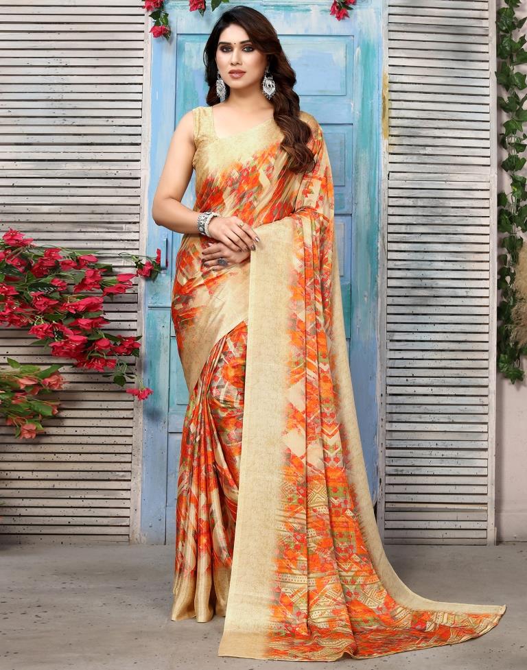 Beige Silk Printed Saree