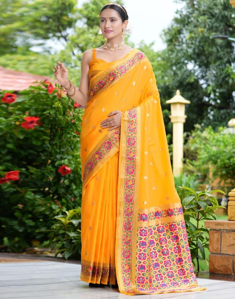 Turmeric Yellow Silk Weaving Banarasi Saree | Leemboodi