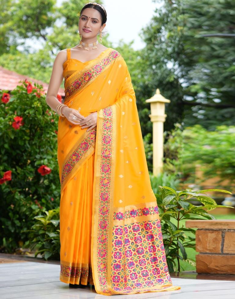 Turmeric Yellow Silk Weaving Banarasi Saree | Leemboodi