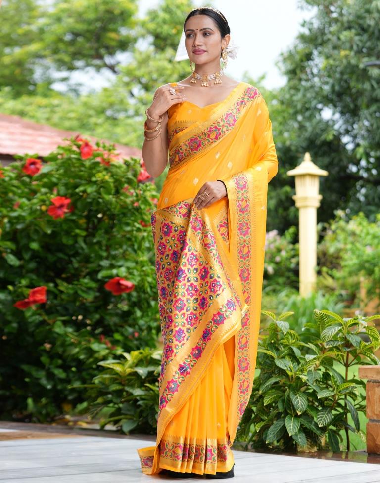 Turmeric Yellow Silk Weaving Banarasi Saree | Leemboodi