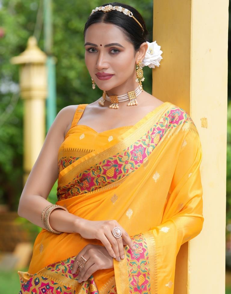 Turmeric Yellow Silk Weaving Banarasi Saree | Leemboodi