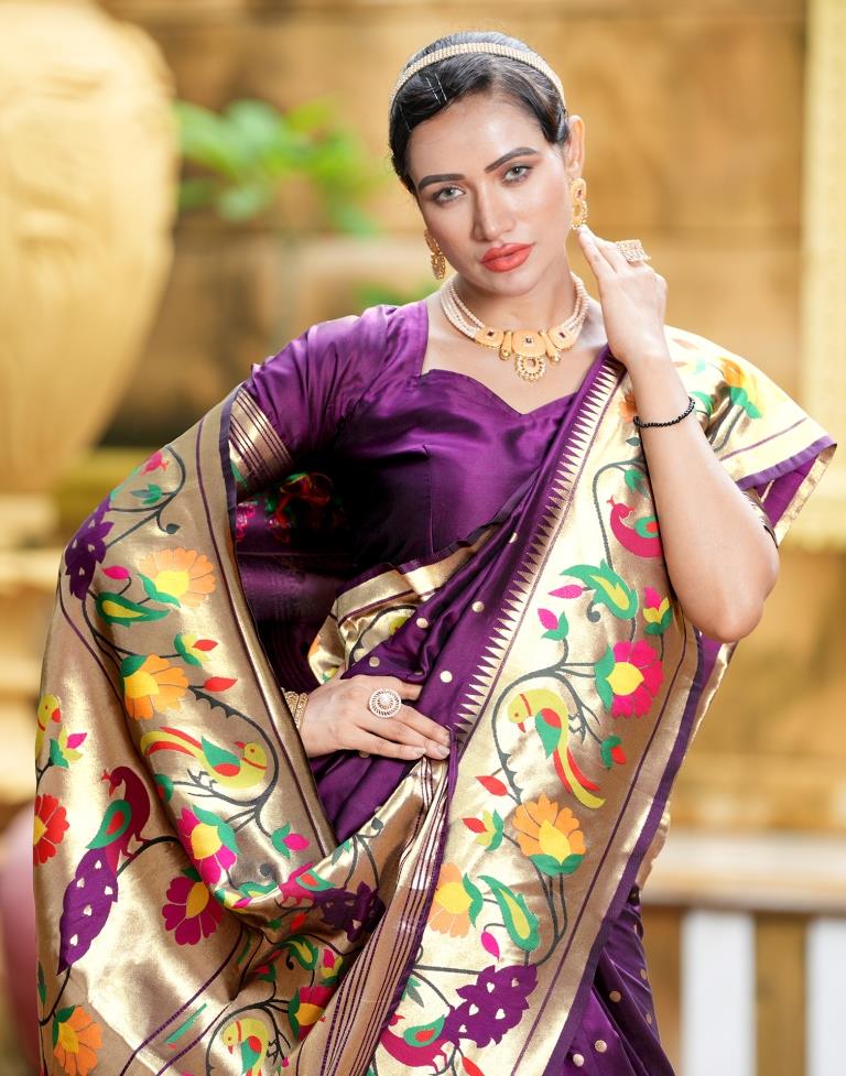 Wine Weaving Silk Paithani Saree