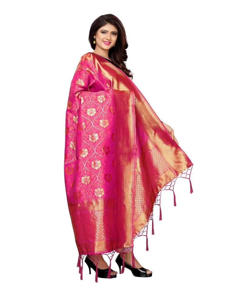 Enriching Pink Coloured Poly Silk Jacquard Banarasi Dupatta | Sudathi