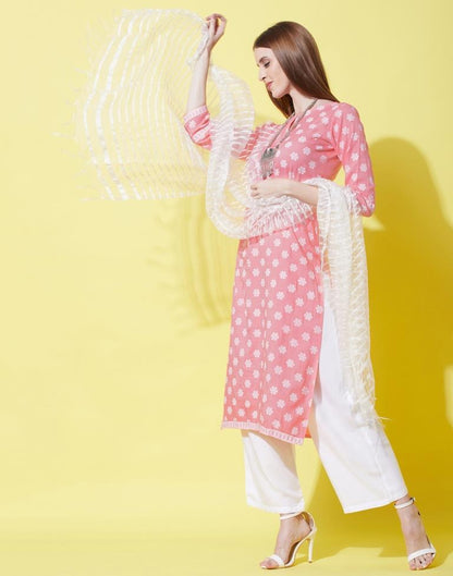 Peach Pink Kurti With Pant And Dupatta | Leemboodi