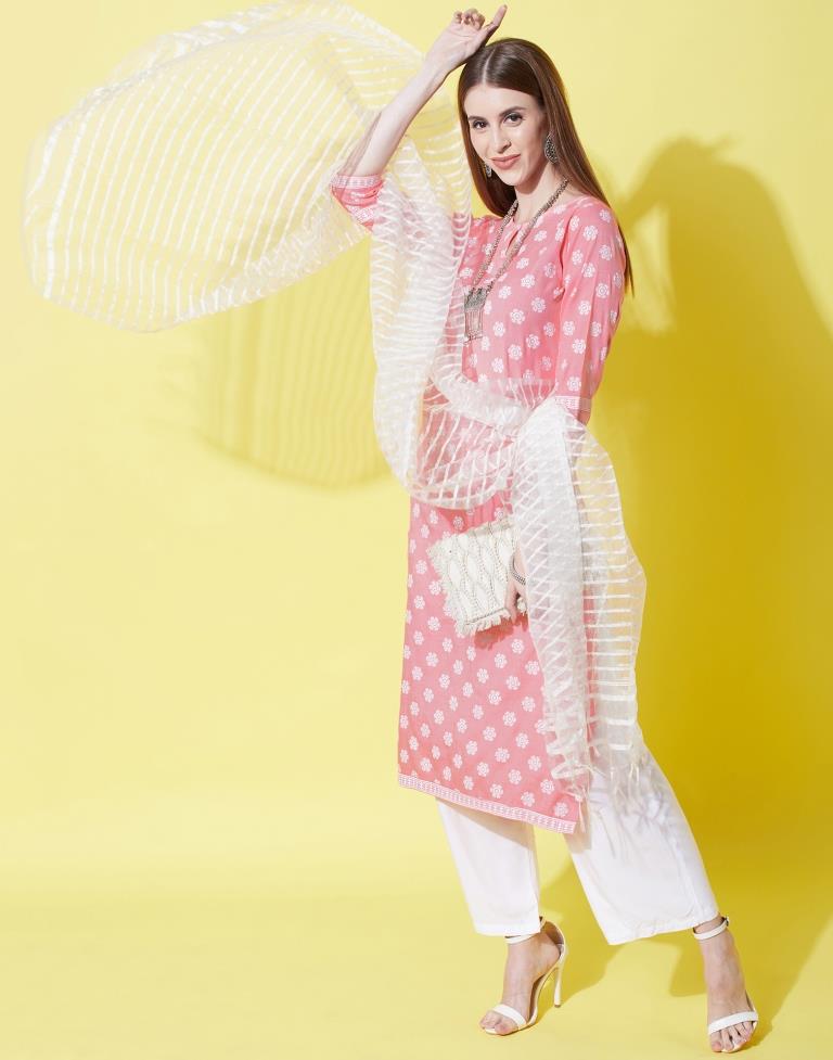 Peach Pink Kurti With Pant And Dupatta | Leemboodi