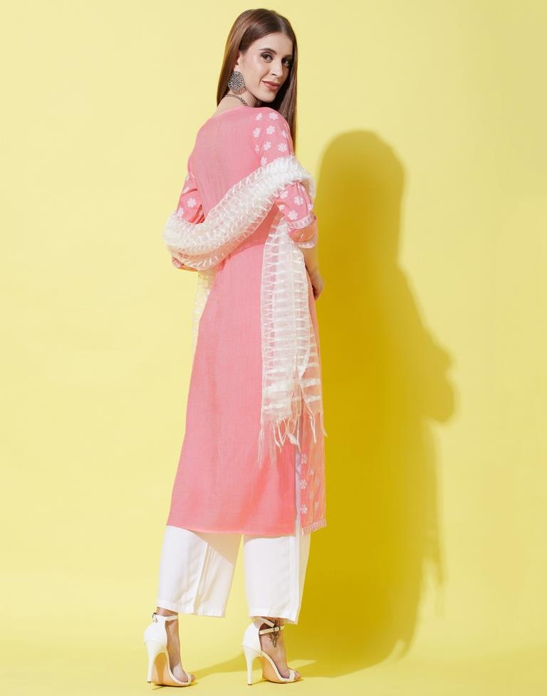 Peach Pink Kurti With Pant And Dupatta | Leemboodi