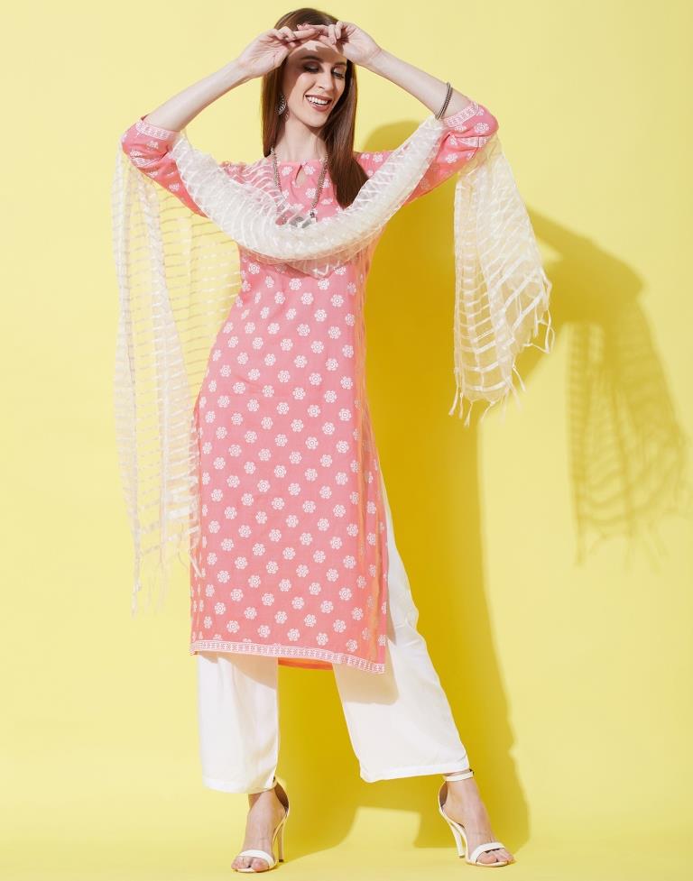 Peach Pink Kurti With Pant And Dupatta | Leemboodi