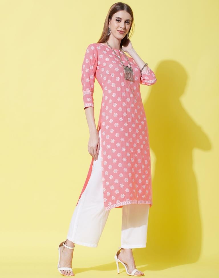 Peach Pink Kurti With Pant And Dupatta | Leemboodi