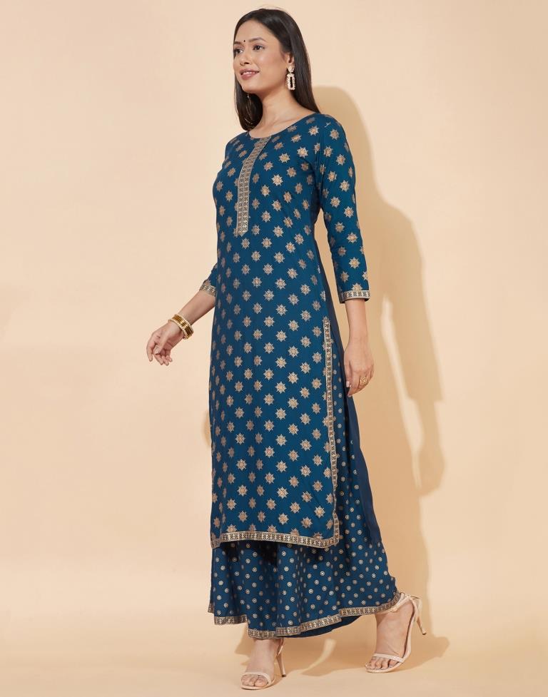 Teal Kurti With Palazzo And Dupatta | Leemboodi