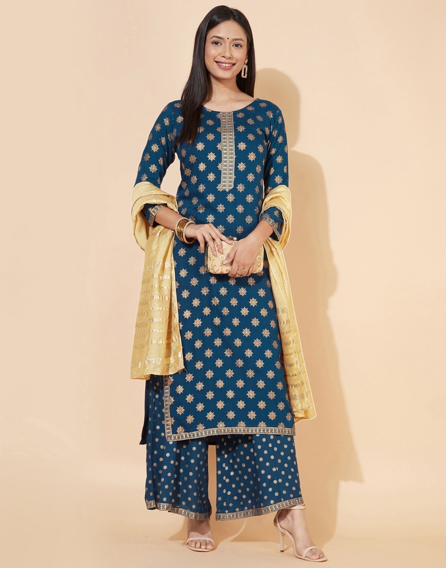 Teal Kurti With Palazzo And Dupatta | Leemboodi