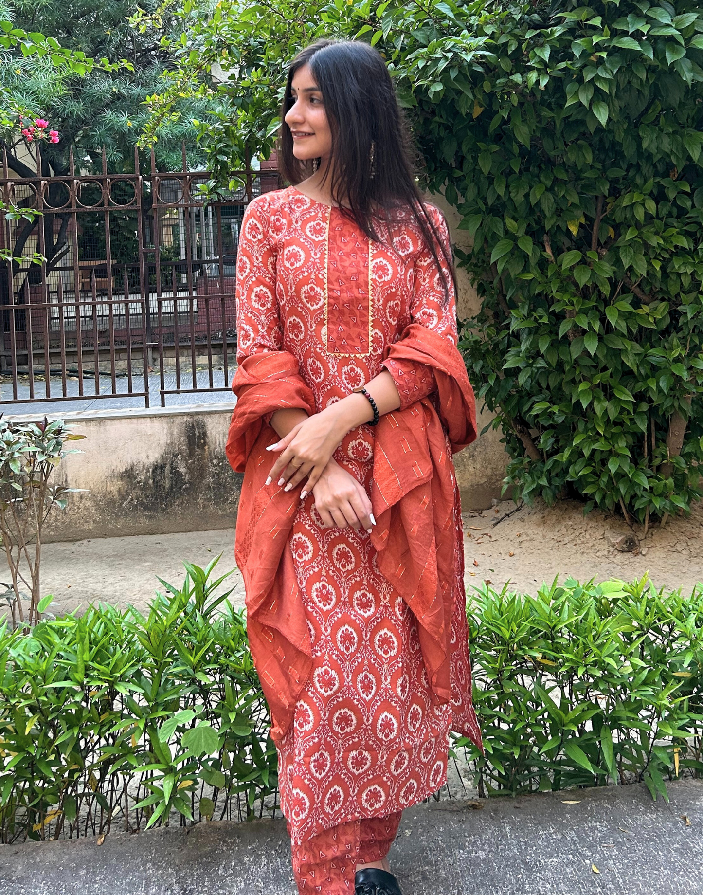 Brown Cotton Printed Straight Kurta With Pant And Dupatta