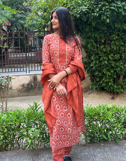 Brown Cotton Printed Straight Kurta With Pant And Dupatta