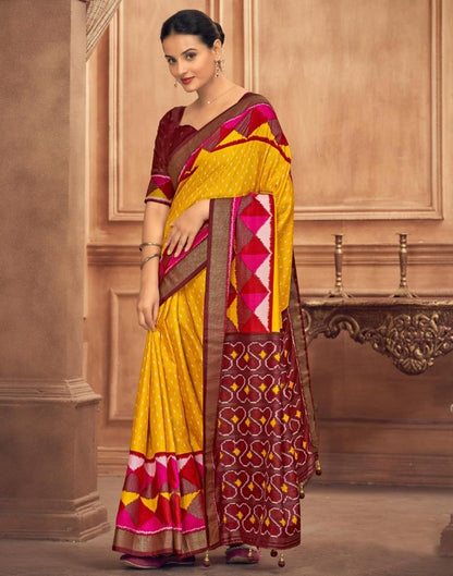 Yellow Printed Silk Saree