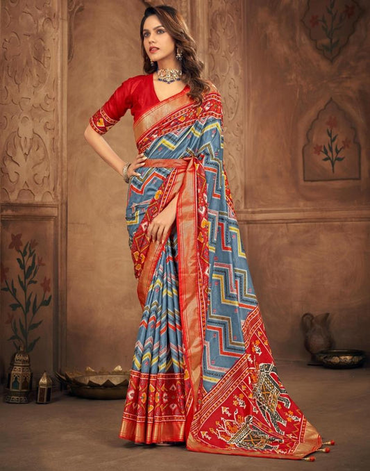 Grey Printed Silk Saree