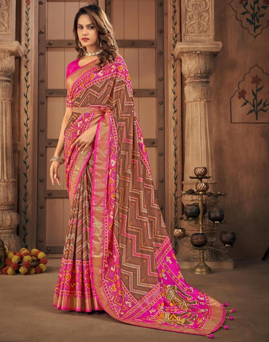Brown Printed Silk Saree