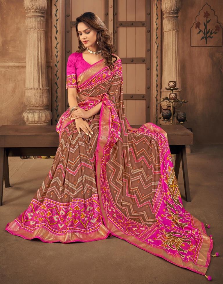 Brown Printed Silk Saree
