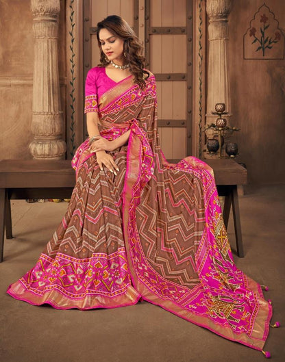 Brown Printed Silk Saree