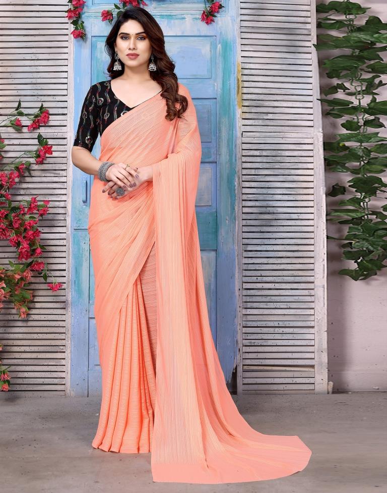 Dark Peach Chiffon Plain Saree